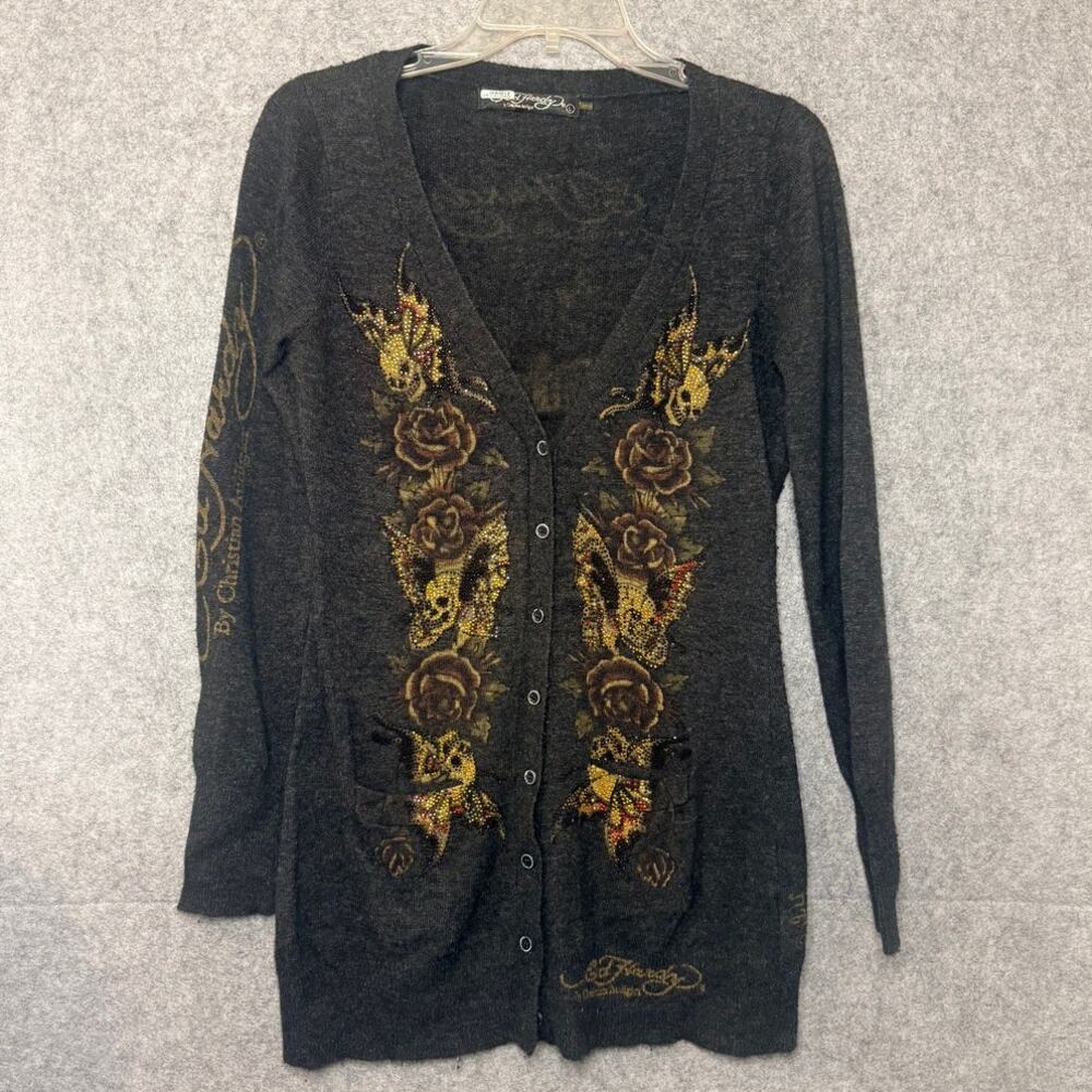 Ed Hardy Christian Audigier Cardigan Womens L Skull Rose Rhinestone Vintage Y2K